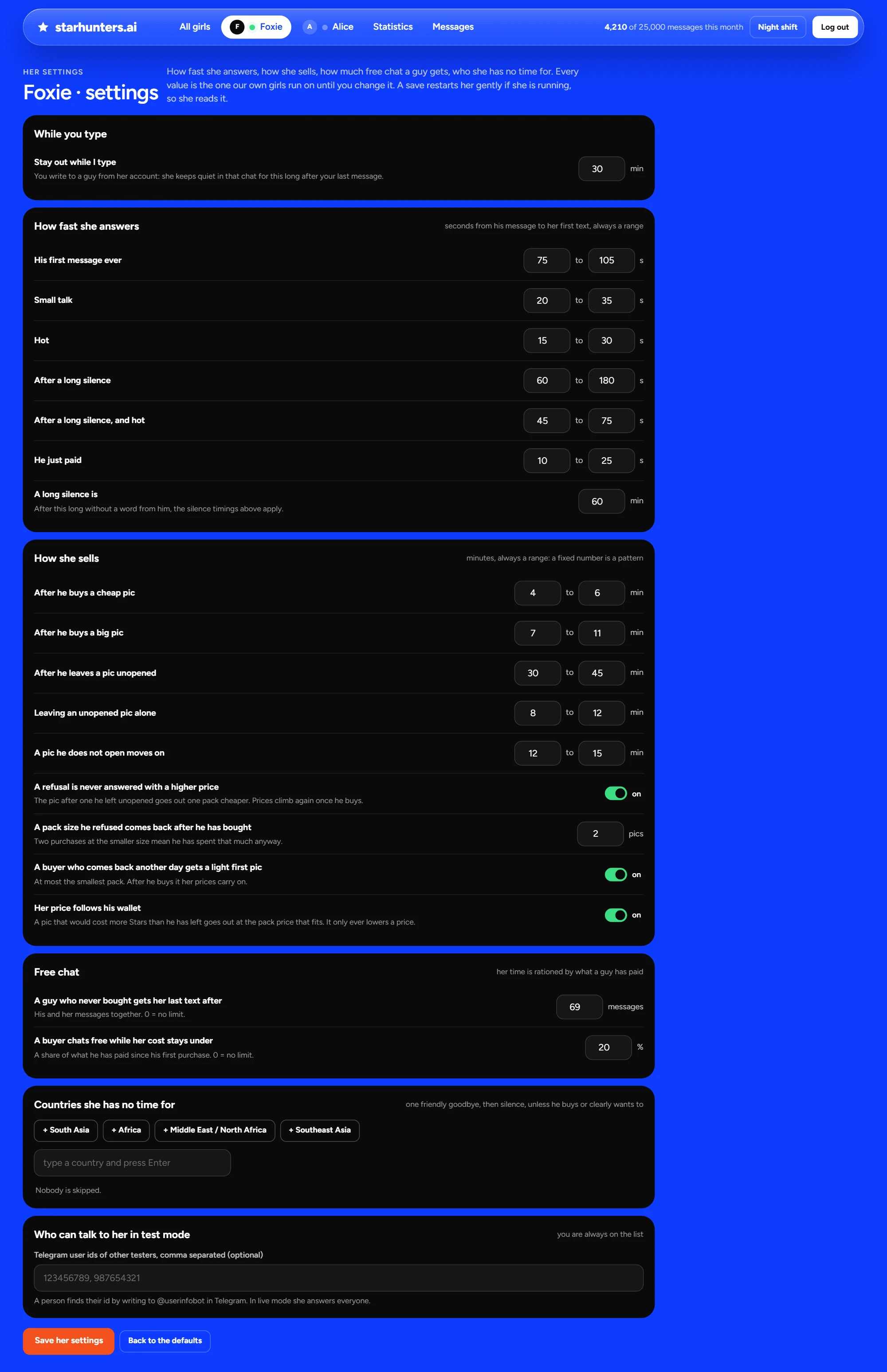 Her settings: how fast she answers, how she sells, free chat, countries